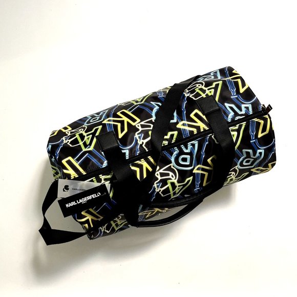 NWT Karl Lagerfeld Neon Logo Duffle Gym Bag Weekender 19" Black Travel Tote $150 - Picture 6 of 7